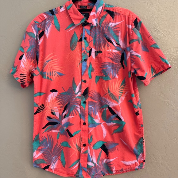 Volcom Other - Volcom Mens Classic Fit Floral Tropical Short Sleeve Button Up Shirt Orange M